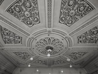 Glasgow, 176 Duke Street, Sydney Place United Presbyterian Church, interior.
General view of main Church upper gallery ceiling, from North. Elaborate plasterwork with palmette and floral designs.
