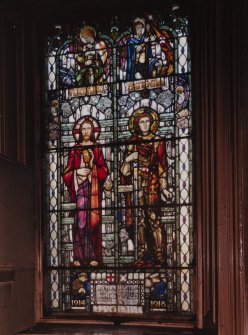 Glasgow, 176 Duke Street, Sydney Place United Presbyterian Church, interior.
View of stained glass window on East side of ground floor.
Insc: 'To The Glory Of God And In Loving Memory Of The Men Of This Congregation Who Fell In The Great War. "Resurgam". Pro Patria. 1914-1918'. A design of Christ and the figure of a knight representing 'Chivalry', with the names of the dead and warrior angels titled 'Fortitudo' and 'Patientia'.