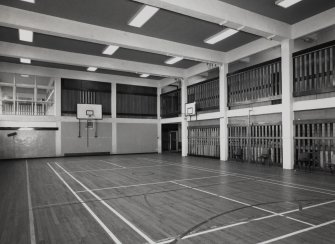 Interior. Administration block, view of central gymnasium