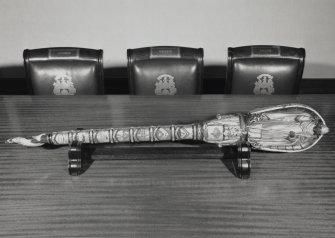 Interior, 1st floor, library, view of ceremonial mace