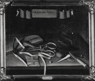Interior, 1st floor, library, detail of painting of guild insignia (tailors)