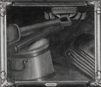 Interior, 1st floor, library, detail of painting of guild insignia (maltmen)