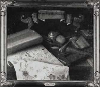 Interior, 1st floor, library, detail of painting of guild insignia (weavers)