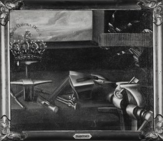 Interior, 1st floor, library, detail of painting of guild insignia (hammermen)
