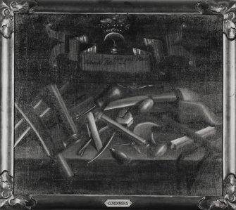 Interior, 1st floor, library, detail of painting of guild insignia (cordiners)