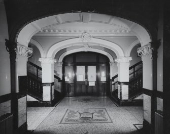 Glasgow, 401 Govan Road, Govan Town Hall, interior
View of East block entrance hall including floor mosaic with 'NIHIL SINE LABORE'  inscription.