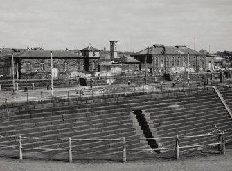 Glasgow, 18 Clydebrae Street, Govan Graving Docks.
General view from South-West of pumphouse and workshop by no.1 graving dock and part of North-West end of no.2 graving dock.