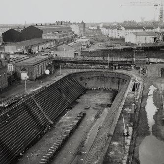Glasgow, 18 Clydebrae Street, Govan Graving Docks.
General elevated view from South-East of no.2 graving dock and compressor house.