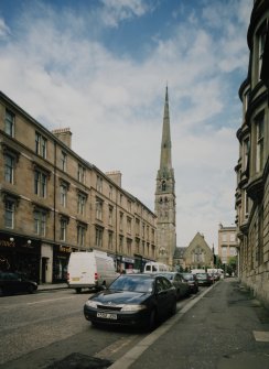 View from S showing spire and halls