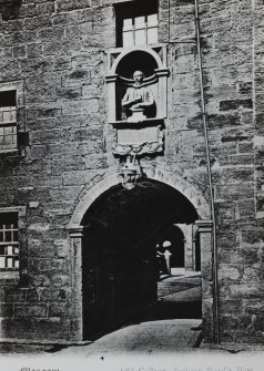 Copy of postcard showing archway and bust of Zachary Boyd.
