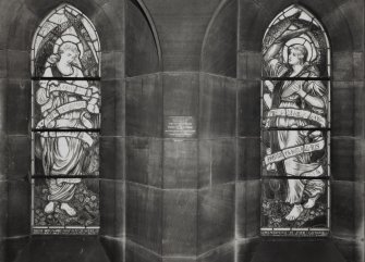 Hyndland Parish Church, interior.  Detail of stained glass windows in entrance porch North East corner