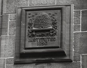 Glasgow, 7 James Street, Logan & Johnston College.
Detail of carved panel.
Inscription: 'Instituted 1890'.