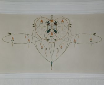 Glasgow, 52 Langside Drive, interior.
General view of ground floor drawing room decorative frieze. A design of swirling flowers with two ladies facing each other. In the manner of Jessie M.King.