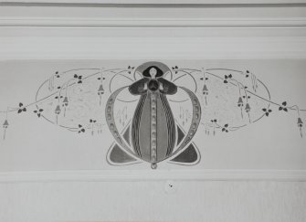 Glasgow, 52 Langside Drive, interior.
Detail of ground floor drawing room decorative frieze on South wall. A design of a stylized maiden in a bower in the manner of Jessie M. King'.