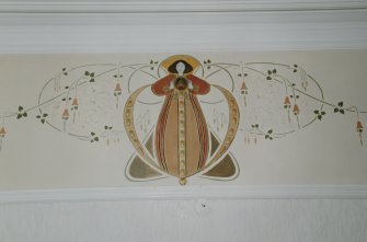 Glasgow, 52 Langside Drive, interior.
Detail of ground floor drawing room decorative frieze on South wall. A design of a stylized maiden in a bower in the manner of Jessie M. King.