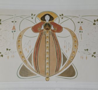 Glasgow, 52 Langside Drive, interior.
Detail of decorative frieze on South wall of the ground floor drawing room. A design of a stylized maiden in a bower in the manner of Jessie M.King.