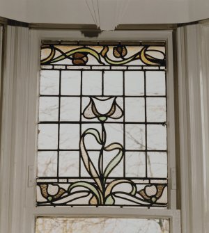 Glasgow, 52 Langside Drive, interior.
Detail of ground floor drawing room stained glass window. A design of stylized flowers.