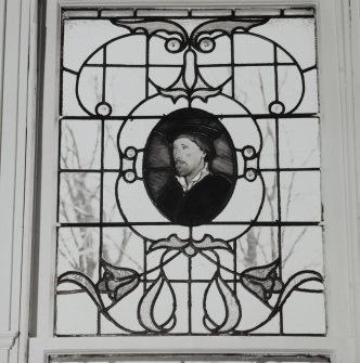 Glasgow, 52 Langside Drive, interior.
Detail of ground floor South East room stained glass window. Including a portrait roundel of a man in a hat.