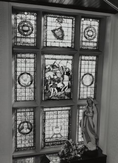 Interior, view of first floor staircase stained glass window by Kier of Glasgow 1874 comemorating the Battle of Langside