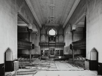 Glasgow, 70 Peel Street, City Temple Church, interior
General view from South West of interior in state of disrepair with large pipe organ in background.