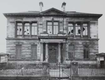 Glasgow, 75 Peel Street
General view of main entrance of Glasgow YMCA in state of disrepair.