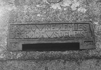 Auchanachie House. Detail of inscribed slab at entrance.