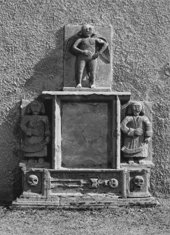 Mansefield, Alford Parish West Church: view of mural monument (Forbes of Balfluig) set against West gable of church.
