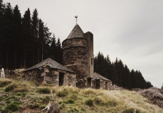 View from S, showing the central tower (converted to a silo) and its two adjacent 'pavilions'