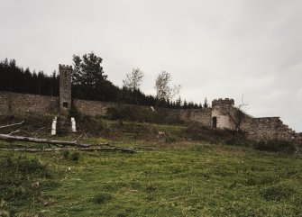 View from S within former walled garden, showing the remains of the walls, including two of its three towers