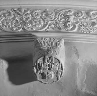 Interior. 1st. floor, main hall, detail of plaster boss with coat of arms above east window