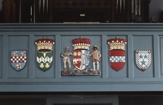 Interior, Gallery front with five painted heraldic shields centred on that of Viscount Cowdray