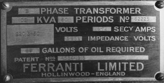 Interior.
View of turbine and generator plant (1923) showing maker's plates on transformer.