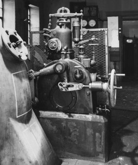 Interior.
View of turbine and generator plant (1923) showing turbine governor.