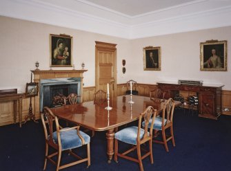 Interior. 
View of first floor dining room from W showing the fireplace.