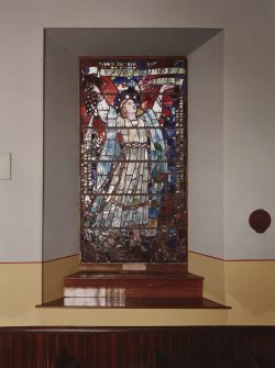 Interior.
View of stained glass window in S wall.
