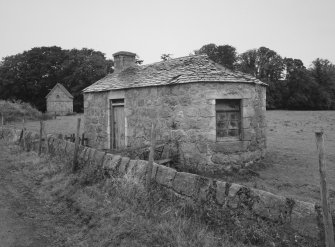 General view from E of bow-ended bothy, said to be old dairy.