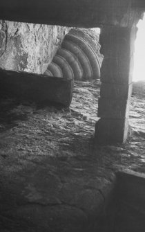 Leslie Castle. Detail of corbelling within projection containing entrance.
