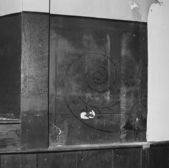 Interior.
Detail of wall behind original location of pulpit showing stencil decoration.