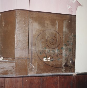 Interior.
Detail of wall behind original location of pulpit showing stencil decoration.