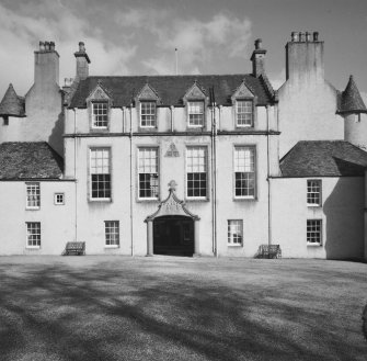 Leith Hall, exterior.  Detail of centre of West range from West