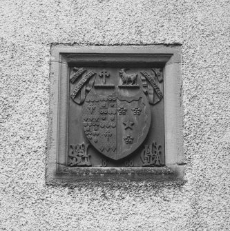 Leith Hall, exterior.  Courtyard: detail of armorial panel on West wall