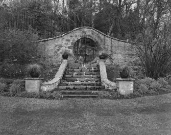 Leith Hall.  Walled garden: view of Moon gate from South