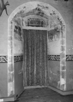 Interior.
View of great hall window embrasure showing painted decoration