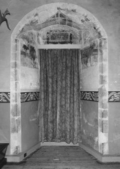 Interior.
View of great hall window embrasure showing painted decoration.