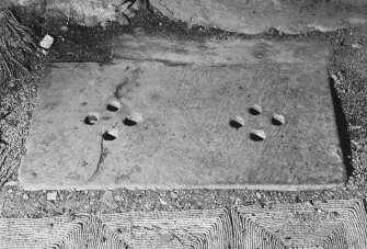 Arbuthnott Aisle, 1st. floor, detail of flagstone in doorway.