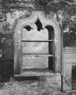 Interior, tower house, Great Hall.
Detail showing aumbry in North wall of Great Hall on first floor.