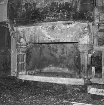 Interior, tower house, Great Hall.
Detail showing East wall fireplace in Great Hall on first floor.