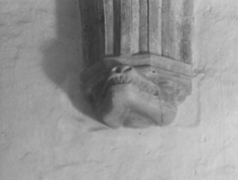 Balbegno Castle. Interior. 
View of carved vaulting corbel in hall.