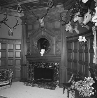 Interior. Ground floor detail of dining room marble fireplace