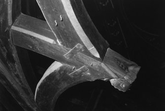 Interior.
Detail of cusped arch brace and carved pendant on truss 5.
